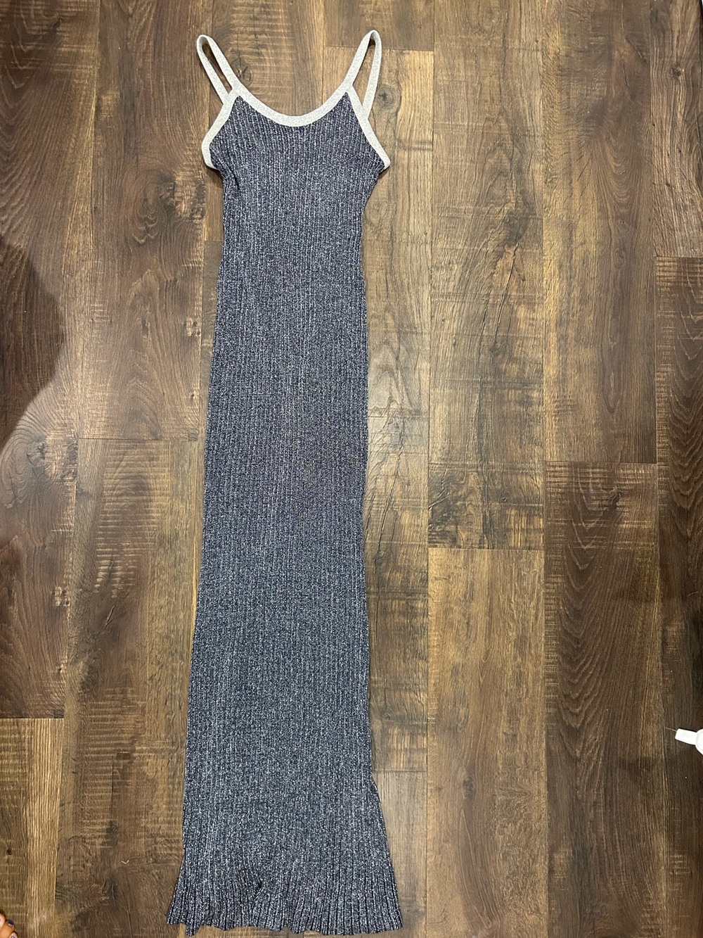 Vintage Gray Ribbed Maxi Slip Dress with Grey Trim